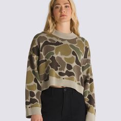 Camo, but make it cozy. The Cammile Camo Pullover Sweater will be your new comfy favorite wardrobe staple, with a chic cropped mock neck style topped with fashionable bell sleeves. 100% Cotton fabric Chenille knit Camo print Cropped pullover Mock neck Bell sleeve | Vans Cammile Camo Pullover Sweater Womens Large Back To School Shoes, Snowboarding Women, Cropped Pullover, Outerwear Outfit, Sweater Womens, Sweater Pants, Camo Print, Outerwear Women, Jeans Dress