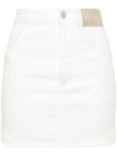 white cotton denim high-waisted logo patch to the front front button and zip fastening two rounded faux-pockets to the sides two rear patch pockets frayed hem above-knee length Workwear Short Cotton Denim Skirt, Cotton Denim Mini Skirt For Work, Short Cotton Denim Skirt For Work, Cotton Mini Denim Skirt For Work, Chic Cotton Denim Mini Skirt, Chic Cotton Cutoff Mini Skirt, Spring Mini Denim Skirt With Patch Pockets, Trendy Cotton Mini Skirt For Work, Chic Cotton Denim Skirt With Frayed Hem