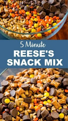 reese's snack mix in a glass bowl with the words 5 minute reese's snack mix