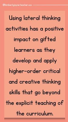 a pink background with the words using material thinking activities has a positive impact on gifted learners as they develop and apply