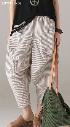 Loose Striped Harem Pants Women Cotton Linen Trouser