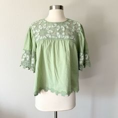 Gorgeous Blouse With Details That Delight. Round Neck. Short Crochet Sleeves. Tie Back Closure. Cotton. This Style Runs Large. New With Tag. Measurements (Laying Flat): Approx 19.75” Pit To Pit And 22.5” Length. Anthropologie Crochet, Short Crochet, Crochet Sleeves, Crochet Yoke, Gorgeous Blouses, Anthropologie Top, Green Blouse, Tie Backs, Tie Back