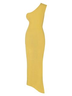 The "Lyn Dress" in Carambolo - A one-shoulder knitted dress featuring a striking baobab shape detail at the shoulder, complemented by pleated detailing at the front. With an asymmetric cut at the bottom and a vibrant yellow tone, this dress is sure to make a statement. With this purchase, you are supporting the rehabilitation of the coral reef in San Andrés Island, Colombia, in alliance with Corales de Paz Organization.
 Size: XS, S, M, L Yellow One-shoulder Midi Dress For Evening, Yellow One-shoulder Evening Midi Dress, Yellow Fitted One-shoulder Dress, Fitted Yellow One-shoulder Dress, Yellow Fitted One Shoulder Dress, Yellow One-shoulder Fitted Maxi Dress, Yellow Fitted One-shoulder Maxi Dress, Chic Yellow Sleeveless One-shoulder Dress, Elegant Yellow Asymmetrical Maxi Dress