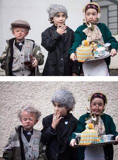 three children dressed up in costumes and holding food