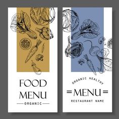 two vertical food menus with hand drawn vegetables and herbs on the sides, in blue and yellow colors