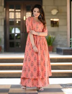 This printed ethnic wear dress is presented to you, A well-known brand in hand block prints from over 9 decades. This exclusively hand stitched dress is made of 100% pure cotton fabric with having printed prints over it. The dress is best suitable for you to showcase your women hood. Wear this at your ease and the fabric is so smooth to skin that you will love it and the attractive prints adds more charm to the same. Material : 100% Cotton Dress Length : 47 Inches Disclaimer : As the fabric is b Floral Print Cotton Sets In Maxi Length, Floral Print Cotton Maxi Sets, Cotton Maxi Length Sets, Cotton Dresses With Printed Motifs For Festivals, Anarkali Floral Print Dress In Mulmul, Anarkali Floral Print Mulmul Dress, Anarkali Dress In Mulmul With Floral Print, Anarkali Mulmul Dress With Floral Print, Festive Cotton Maxi Dress With Printed Motifs