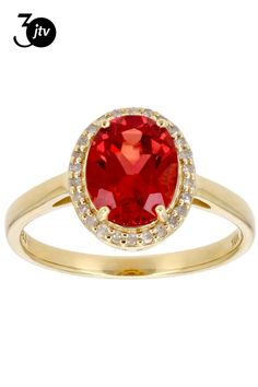 2.25ct Oval Lab Created Padparadscha Sapphire With 0.11ctw Round White Diamond 10k Yellow Gold Ring. Measures Approximately 0.38"L x 0.45"W. Padparadscha Sapphire, Yellow Gold Ring, 10k Gold, Yellow Gold Rings, White Diamond, Gold Ring, Gold Rings, Sapphire, Lab