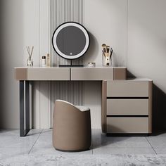 a modern dressing table with mirror and stool