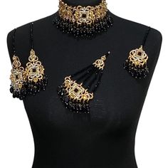 jewellery set. Set includes- Earrings  Tikka Choker Jhumar Black Chandbali Temple Jewelry, Black Kundan Jewelry For Festivals, Traditional Black Jewelry Sets For Festivals, Bollywood Style Black Necklaces For Festivals, Traditional Black Jewelry For Festive Occasion, Black Bollywood Jewelry For Diwali, Bollywood Black Jewelry For Diwali, Bollywood Style Black Jewelry For Diwali, Festive Bollywood Black Necklace