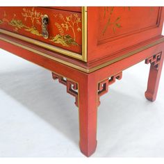 Red Orange Lacquer Chinoiserie Hand Painted Decorated Three Drawers Dresser Bachelor Chest Dresser Large Stand Dresser Pink, Orange Lacquer, Red Dresser, Painted Dressers, Hand Painted Dressers, Hekman Furniture, Bachelor Chest, Three Drawer Dresser, Drawers Dresser