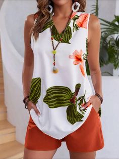 Naranja Casual,Bohemio Collar   Tropical,Plantas  Embellished No-Elástico Casual Bridesmaid Dresses, Dirndl Outfit, Barbie Mode, Bandeau Tops, Vacation Tops, Mini Robes, Short Playsuit, Pregnancy Maxi Dress, Corduroy Dress