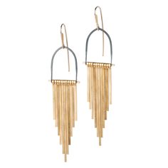 There's a brass tassel party and your ears are the VIP guests. The cascading brass pieces of these Demimonde earrings add just the right amount of fancy to any outfit. Materials: 14k gold filled ear wires, oxidized silver arch, brass pieces Handcrafted by Rachael Donaldson in Portland, Oregon. Earring measures approximately 3" from top to bottom and .75" at widest point. Celestial Earrings, Bar Jewelry, Mixed Metal Jewelry, Oxidized Silver, Oxidized Sterling Silver, Portland Oregon, Metal Jewelry, Ear Wires, Handmade Earrings