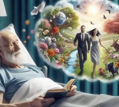 an old man is reading a book in his bed with animals and birds around him