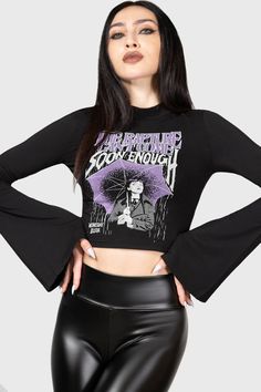 Be Strange Long Sleeve Top | Killstar Wednesday Graphic, Charles Addams, The Rapture, Long Bell Sleeves, Come Soon, Cosplay Outfits, High Neckline, Long Sleeve Top, Stretch Fabric