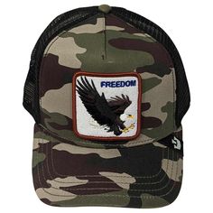 The Goorin Freedom Eagle baseball cap is part of Goorin's Animal Farm collection. The front panel is constructed of polyester/cotton canvas and features a patch embroidered with a flying bald eagle and the word 'freedom.' Its curved bill is made of the same camouflage material. Inside, the cap is unlined and it has a soft cotton-twill sweatband for comfort. The rear of the cap is a trucker-style mesh, complete with an adjustable snapback enclosure to ensure a great fit. Trucker Baseball Cap With Letter Patch For Outdoor, Outdoor Trucker Baseball Cap With Letter Patch, Military Style Baseball Cap With Logo Patch, Trucker Baseball Cap With Patches For Outdoor, Outdoor Patches Baseball Cap, Trucker Style Baseball Cap With Patches For Outdoor, Military Snapback Baseball Cap With Logo Patch, Outdoor Baseball Cap With Embroidered Patch And Curved Bill, Outdoor Snapback Baseball Cap With Embroidered Patch