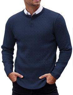 PRICES MAY VARY. Cable Knit Sweater -- Men henley knit shirts are made with soft and lightweight fabric. Built for softness. Ensure maximuim durability to craete comfy feel. Classic Design -- Sweaters for men features ribbed crewneck, cuffs and hem. Crew neck pullover shirt design with 3 button long sleeve, cable knit, stretches for the comfort in its slim fit design. Collocation -- The henley sweater is good for single wear or wearing over a t-shirt or shirt. And men's lightweight sweater is al Business Casual Sweater, Knit Shirts, Crewneck Sweaters, Sweaters For Men, Jacket Suit, Henley Sweater, Button Long Sleeve, Mens Henley, Suit Coat