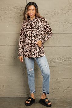 Sizing category: Regular Picture style: Outdoors, flat lay Pattern type: Leopard print Style: Casual, chic Features: Pockets, zipper Neckline: Collared neck Length: Long Sleeve length: Long sleeves Sleeve type: Regular sleeves Material: 100% polyester Stretch: No stretch Sheer: No Body: Not lined Care instructions: Machine wash cold. Tumble dry low. Imported Product measurements: S: bust 41 in, sleeve 23 in, length 28 inM: bust 43 in, sleeve 23 in, length 28 inL: bust 45 in, sleeve 24 in, length Summer Clearance, Double Take, Trending Now, British Indian, Drawstring Waist, Blouse Dress, Fashion Prints, Leopard Print, Top Blouse