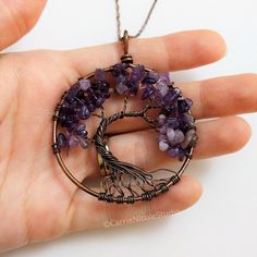 Amethyst Beaded Tree of Life Necklace / Purple Amethyst / Copper Wire Wrap Tree / Circle Wire Pendant / Gift for Mom / Family Tree Jewelry This tree of life pendant necklace is one of a kind and handmade with beautiful purple amethyst stone beads wrapped into a tree design with antiqued copper jewelry wire. It hangs on a delicate yet sturdy 2mm antiqued copper cable chain necklace. The pendant measures around 2.5 inches long by 2 inches wide. Necklace lengths are available from 16 inches to 24 i Purple Beaded Necklaces With Stones For Gifts, Wire Wrapped Round Beaded Necklaces As Gift, Wire Wrapped Round Beaded Necklaces For Gifts, Wire Wrapped Round Beaded Necklace For Gift, Purple Amethyst Beaded Necklace Gift, Round Wire Wrapped Beaded Necklace For Gifts, Purple Crystal Necklaces For Jewelry Making, Handmade Lavender Crystals As A Gift, Handmade Lavender Crystals As Gift