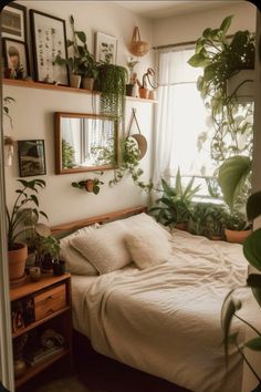 a bedroom with lots of plants on the wall and a bed in front of a window