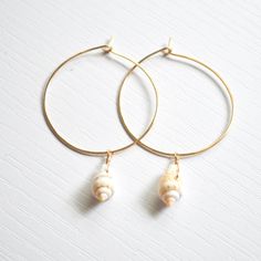 Gold Small Hoop Jewelry For The Beach, Gold Hoop Jewelry For Beach, Shell Dangle Hoop Earrings For Beach, Handmade Gold Hoop Earrings For Beach, Gold Shell With Beachy Style For Vacation, Gold Beachy Shell For Vacation, Beachy Gold Shell For Vacation, Gold Dangle Shell Earrings For Beach, Gold Dangle Shell For Beach