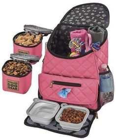 the pink backpack is filled with food and drinks