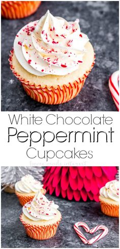 white chocolate peppermint cupcakes with sprinkles on top