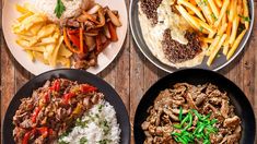 four plates with different types of food in them on a wooden table, including rice, meat and veggies