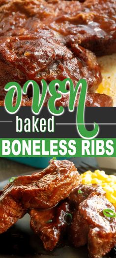 baked boneless ribs with text overlay that reads oven baked boneless ribs