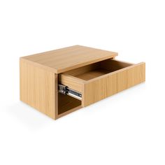 a wooden desk with two drawers on one side and an open drawer on the other