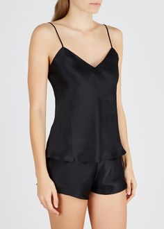 Long Description#Info & Care# Simone Pérèle silk camisole top Adjustable shoulder straps Slips on 100% silk #Size & Fit# Hand wash Length shoulder to hem: 24 inches/ 61cm Lightweight Slim fit Model is 5'10"/ 178cm and wears a size 1 Black Silk Pajamas, Black Silk Camisole, Pajamas Aesthetic, Silk Cami Top, Silk Pajama Pants, Silk Camisole Top, Black Pajamas, Lace Trim Shorts, Silk Sleepwear