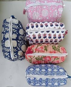 "This Hand Block Printed Beautiful Cotton Toiletry Bag has decorative horizontal stitching detail at bag exterior with zipper closure. Waterproof lining inside the entire bag.  This hand block printed makeup bag makes an ideal gift item for any occasion. SIZE: Small : 6\" x 3\" x 3\" medium : 8\" x 4\" x 4\" large : 10\" x 5\" x 5\" Big Size : 14\" x 7\" x 7\" :Color : Assorted If You Want select Color Please Massage Me : Quilted Padding : Inner Plastic lining waterproof. : the bigger two cases Large Toiletry Bag, Indian Block Print, Creation Couture, Cosmetic Pouch, Cute Bags, Cotton Quilts, Wash Bags, Cosmetic Bags, Toiletry Bag