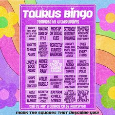 a poster with the words tourus bingo on it