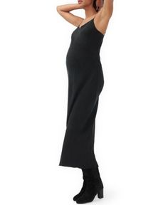 The Ricky Slip Dress is a day-to-night-out staple. This dress will lay beautifully over the bump at any stage. The full-length maxi silhouette hugs all the right places, and is dressed up by a V-neck and adjustable spaghetti straps. Great at all stages: From week 1 to when you're chasing the mini later on (just add dressy sneaks). In black Cupro, this is a no-brainer for date night when paired with jewelry and your favorite heels. Chic Maternity Maxi Dress, Spring Evening Maternity Dress With V-neck, Spring Evening V-neck Maternity Dress, Elegant V-neck Maxi Dress For Maternity Wear, Chic V-neck Maternity Evening Dress, Chic V-neck Evening Maternity Dress, Chic V-neck Maternity Midi Dress, Elegant Stretch Maternity Dress With V-neck, Black Bodycon Maternity Dress