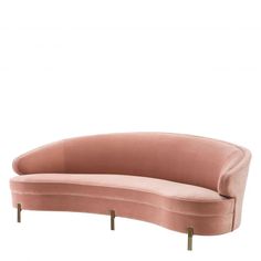 a pink curved couch with gold legs and an oval shaped back, on a white background