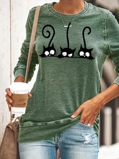 US$ 24.99 - Womens Cute Black Cat Print Casual Sweatshirt - www.zicopop.com Long Sleeve Cat Print Top For Winter, Long Sleeve Tops With Cat Print For Winter, Winter Long Sleeve Tops With Cat Print, Casual Winter Tops With Cat Print, Green Cartoon Print Top For Fall, Green Cartoon Print Tops For Fall, Winter Crew Neck Top With Cat Print, Casual Long Sleeve Tops With Cat Design, Casual Long Sleeve Top With Cat Print