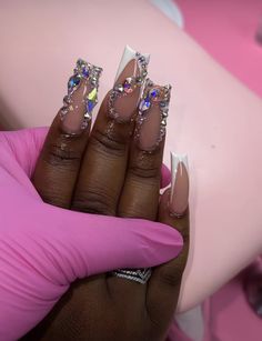 Medium Birthday Nails, Extra Long Acrylic Nails With Charms, Baddie Bling Nails Purple, Xl Long Acrylic Nails With Diamonds, Medium Nails Acrylic, Glam Birthday Nails, Long Square Acrylic Nails With Diamonds Pink, Short Exotic Nails, Xl Long Acrylic Nails Charms