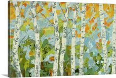 an abstract painting of white birch trees with green and yellow leaves on the barks