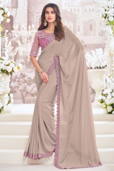 Contrast Saree, Embroidered Chiffon