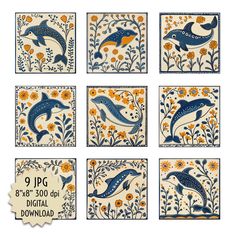 ✳️ This set of tile images features dolphins swimming surrounded by flowers and seaweed, each in a different posture. With a traditional folk-art style, the navy blue, warm orange, and cream colors evoke the sea, sunny beaches, and marine life. The design simulates a hand-painted glazed ceramic finish, offering a cheerful and contemporary touch. These are high-resolution images (300 dpi), ready to download and print for DIY projects such as scrapbooking, interior decoration with a coastal or nau Digital Printing Services, Sunny Beach, Nautical Fashion, Ceramic Design, Glazed Ceramic, Marine Life, Digital Download Etsy, Dolphins, Printing Services