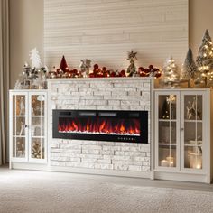 a living room with a fireplace and christmas decorations on the mantle in front of it