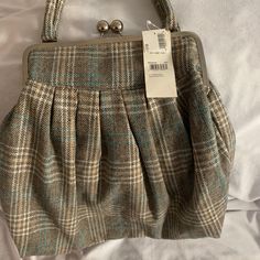 Plaid, Cloth Material, 2 Ball Closure, Vintage Look Plaid Handbag, Faux Leather Handbag, Cloth Material, Large Shoulder Bags, 50's Dress, Medium Bags, Leather Gloves, Vintage Look, Blue Gray