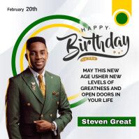 a man in a green suit and yellow tie standing next to a white sign that says happy birthday