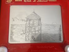 a red frame with a drawing of a lighthouse on the front and side of it