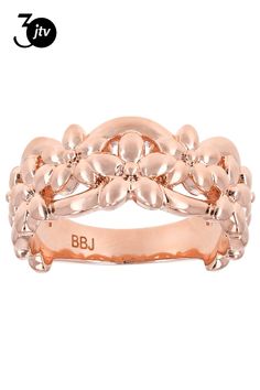 Timna Jewelry Collection��� floral copper band ring. Measures approximately 5/16"L x 1/8"W. Not sizeable. Rose Gold Rings With Decorative Band, Elegant Rose Gold Copper Rings, Rose Gold Copper Ring For Anniversary, Rose Gold Promise Ring With Decorative Band, Band Ring, Band Rings, Jewelry Collection, Copper, Band