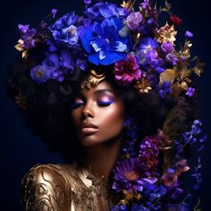 a woman with flowers in her hair and blue eyeshades on her face, surrounded by purple and yellow flowers