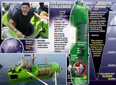 an advertisement for the deep sea challenge, featuring a man in a green boat and other information