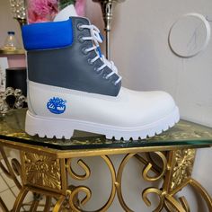 Brand New Boots Custom Handmade Fashion Blue Leather Boots With Reinforced Toe, Gray High-top Waterproof Leather Boots, Gray High-top Leather Waterproof Boots, Casual Blue Boots With Reinforced Toe, Blue Timberland Boots With Round Toe, Gray Leather Waterproof Boots With Round Toe, Blue Timberland Leather Boots, Blue Leather Timberland Boots, Gray Waterproof Boots With Round Toe