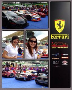 two women standing next to each other in front of race cars at a car show