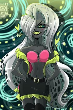 a cartoon character with white hair and green eyes, wearing black shorts and a pink bra