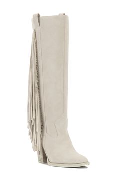 Swingy fringe cascades down the side of a statement-making knee-high boot balanced by a slender toe and stacked block heel. 3" heel 15 1/4" shaft; 15 3/4" calf circumference Pull-on style Leather upper/synthetic lining and sole Imported Vince Camuto Wide Calf Boots, Western Wide Calf Mid-calf Boots With Stacked Heel, White Wide Calf Snip Toe Knee-high Boots, White Wide Calf Western Knee-high Boots, Western Knee-high Heeled Boots Medium Width, Extra Wide Calf Boots, Knee High Cowboy Boots, Vince Camuto Boots, Fringe Boots